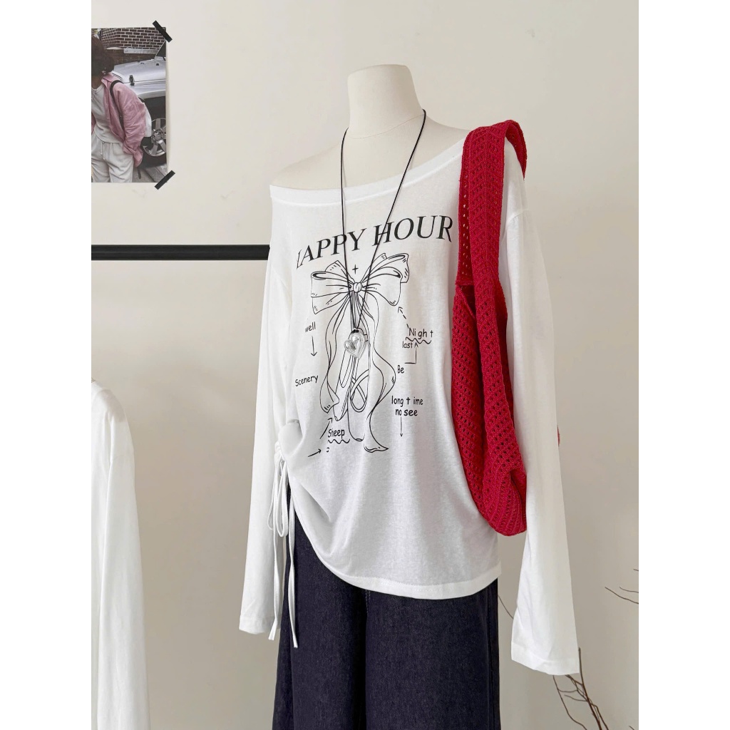 Áo thun dài tay Lệch vai phong cách hàn quốc JULY FASHION, Áo lệch vai in hình Chất thun xượt mềm mịn