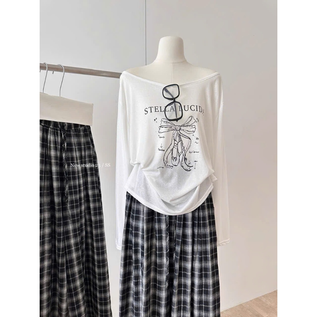 Áo thun dài tay Lệch vai phong cách hàn quốc JULY FASHION, Áo lệch vai in hình Chất thun xượt mềm mịn
