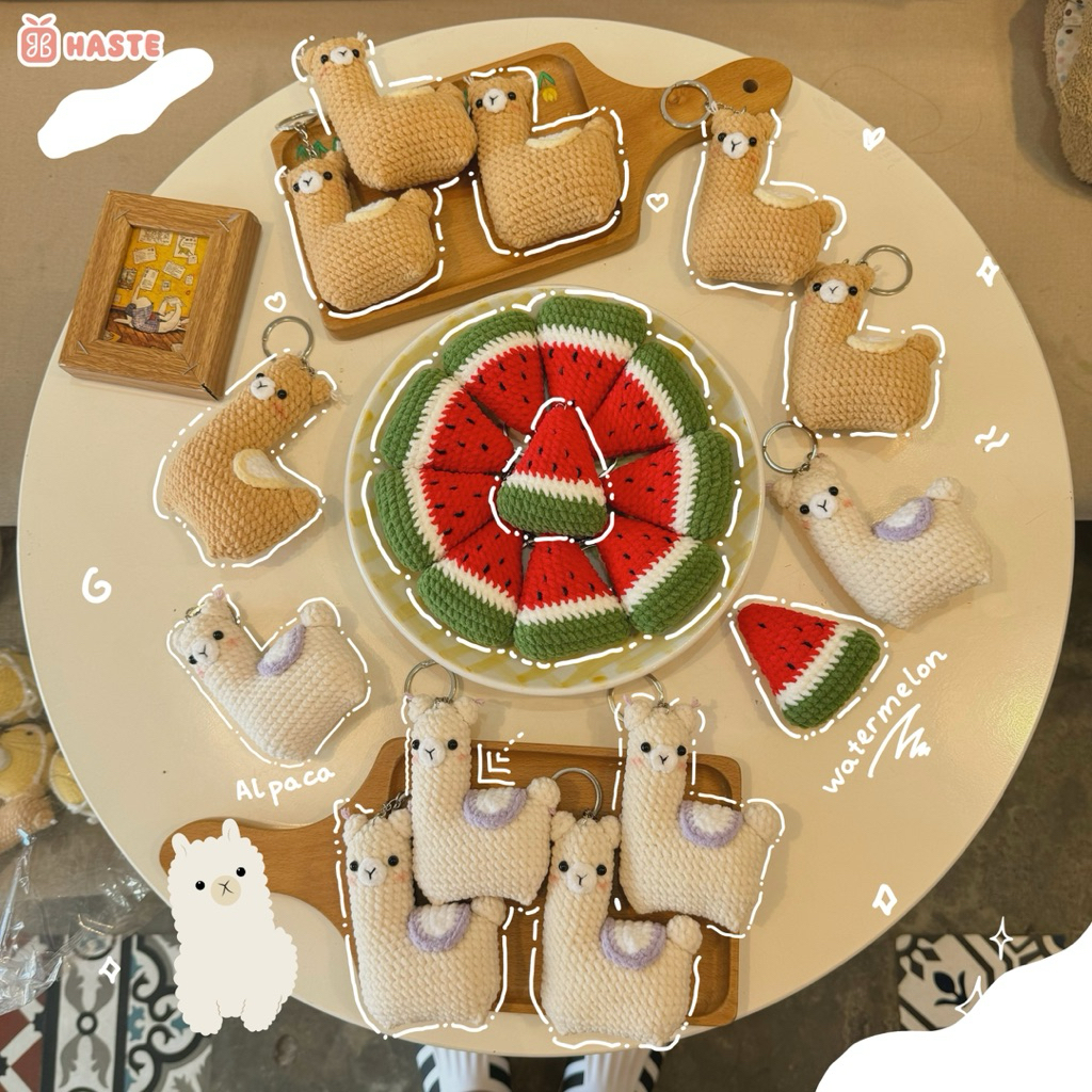 Móc Khoá Len Nhung Dưa Hấu Cừu Lạc Đà Alpaca Kem Nâu Handmade Dễ Thương Quà Tặng Độc Đáo Haste