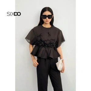 Áo tơ organza nhấn nơ SIXDO (Black Bowtie Organza Blouse)