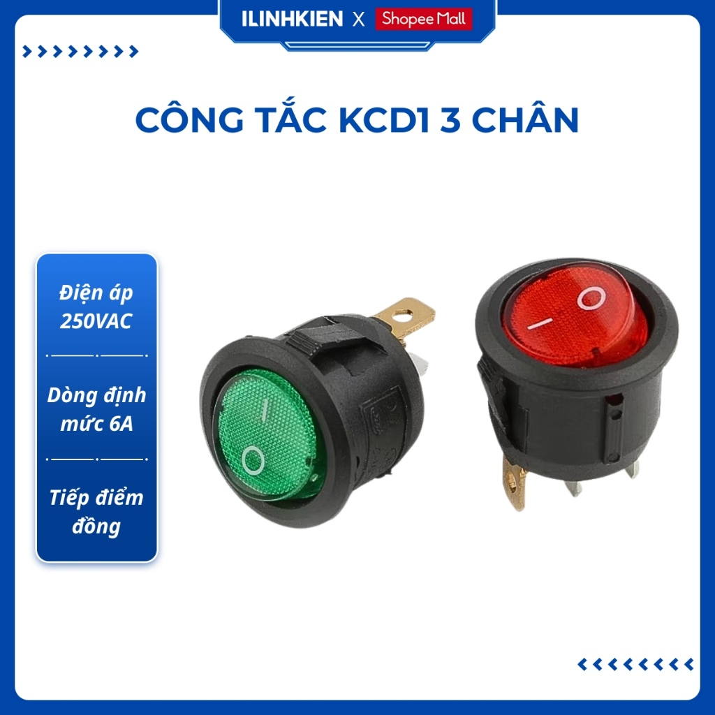 Công tắc bập bênh tròn 3 chân 250V 6A  KCD1-105 có đèn chất lượng cao ilinhkien.