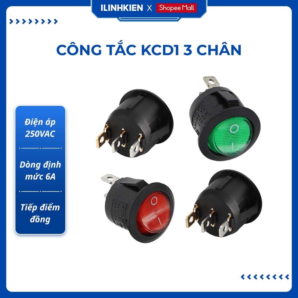 Công tắc bập bênh tròn 3 chân KCD1-105 250V 6A có đèn chất lượng cao ilinhkien.