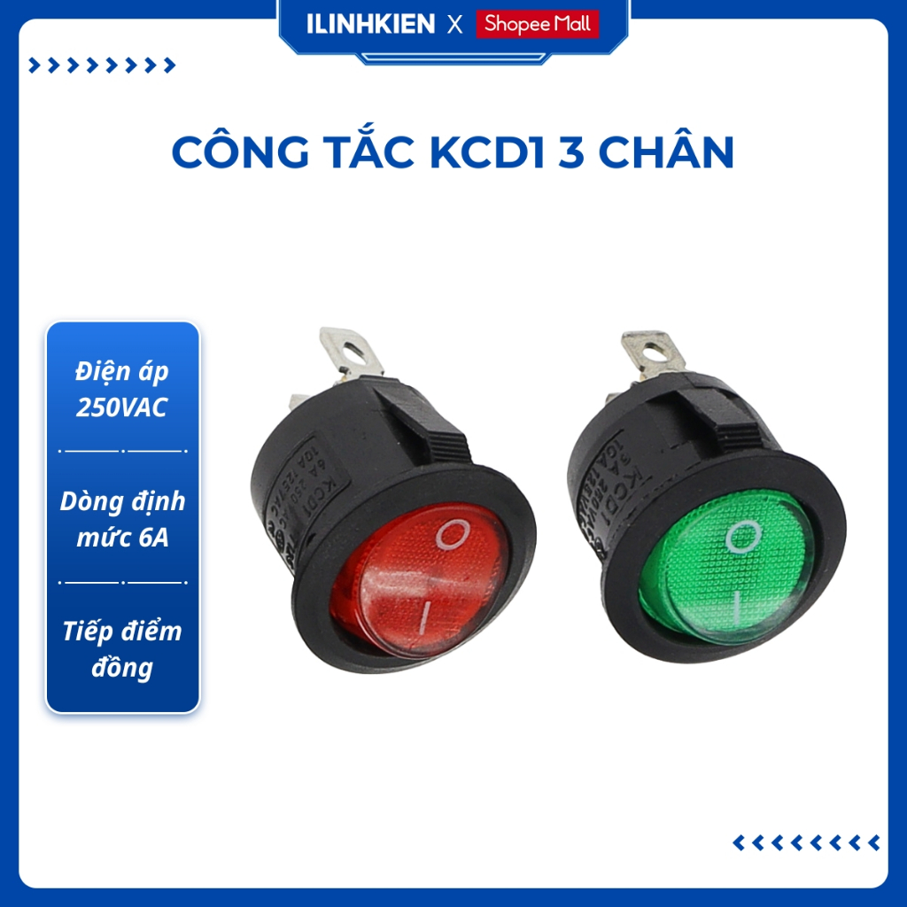 Công tắc bập bênh tròn 3 chân KCD1-105 250V 6A có đèn chính hãng đảm bảo chất lượng ilinhkien.