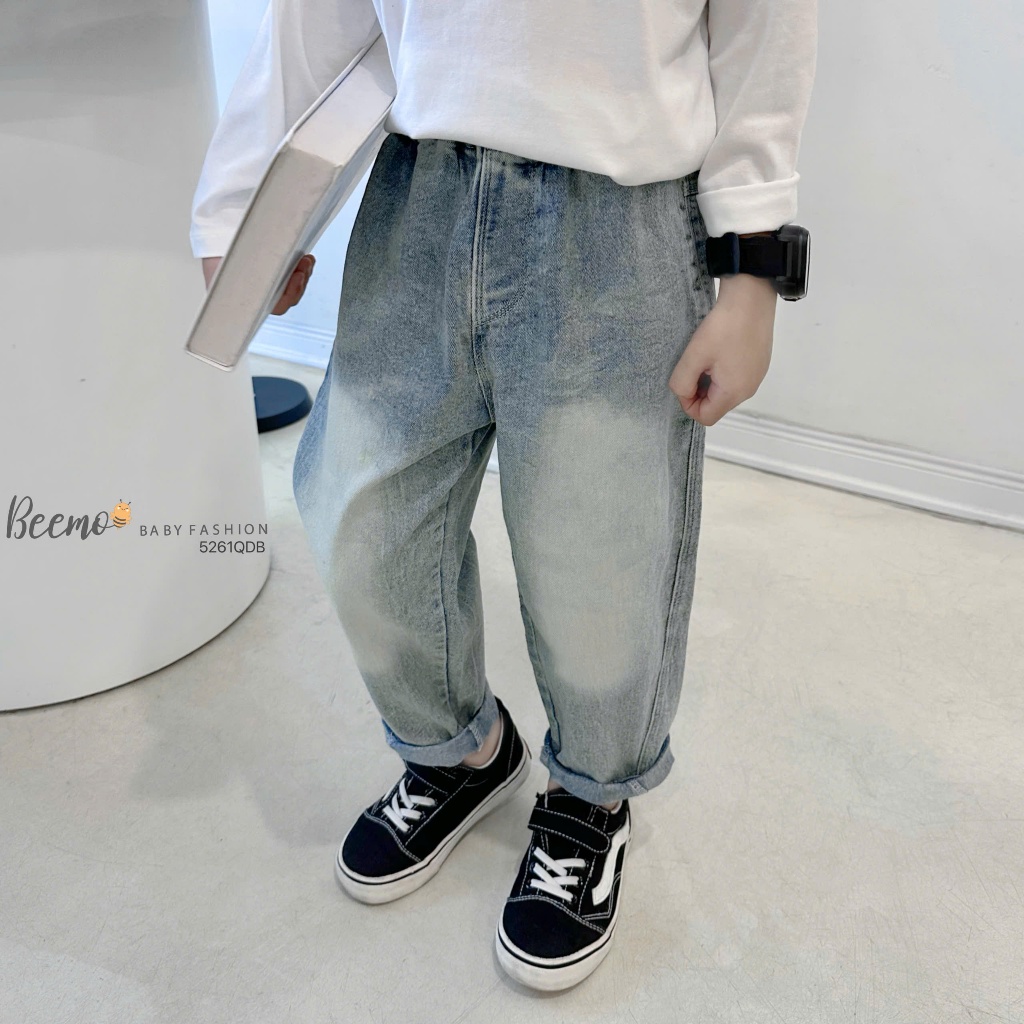 Quần jeans baggy basic mài màu bé trai, quần bò dài bé trai mặc áo phông áo sơ mi 5261QDB