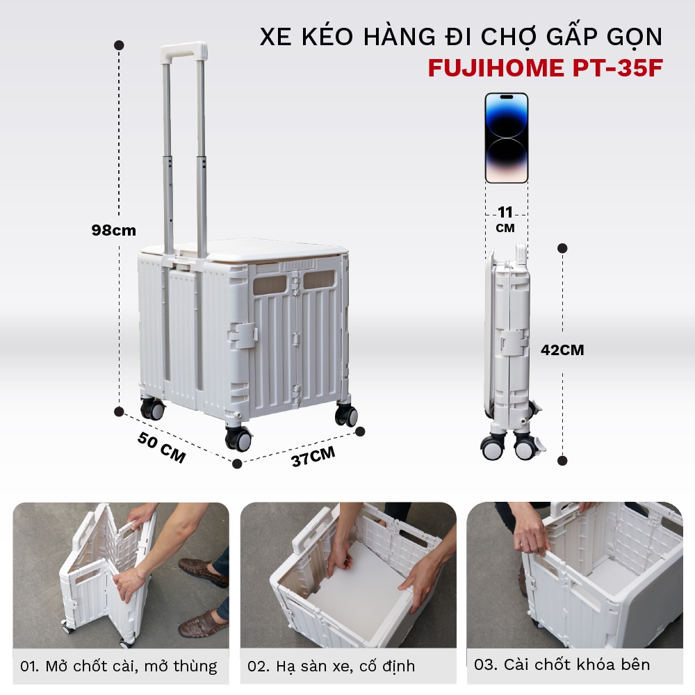 Xe Kéo Hàng Đi Chợ Có Nắp Nhập Khẩu FUJIHOME PT-35F, Xe Kéo Gấp Gọn Mini Có Tay Cầm Nhôm Điều Chỉnh Linh Hoạt