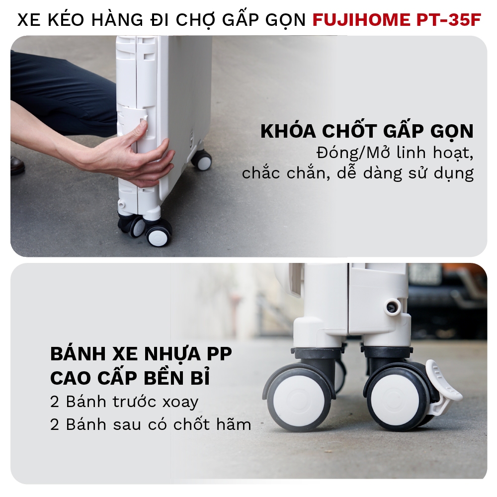 Xe Kéo Hàng Đi Chợ Có Nắp Nhập Khẩu FUJIHOME PT-35F, Xe Kéo Gấp Gọn Mini Có Tay Cầm Nhôm Điều Chỉnh Linh Hoạt