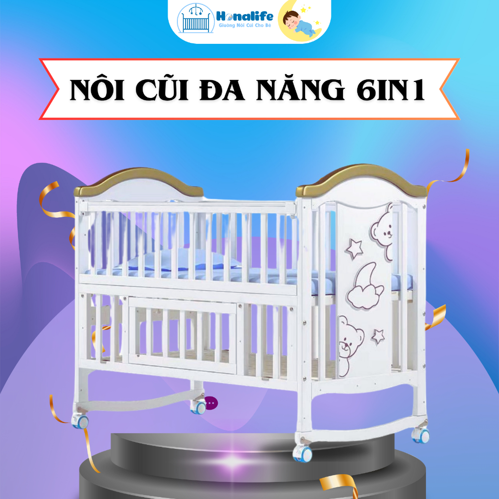 Cũi cho bé đa năng 6in1, cũi trắng cao cấp cỡ lớn ghép chung giường bố mẹ,( Tương tự Chilux)