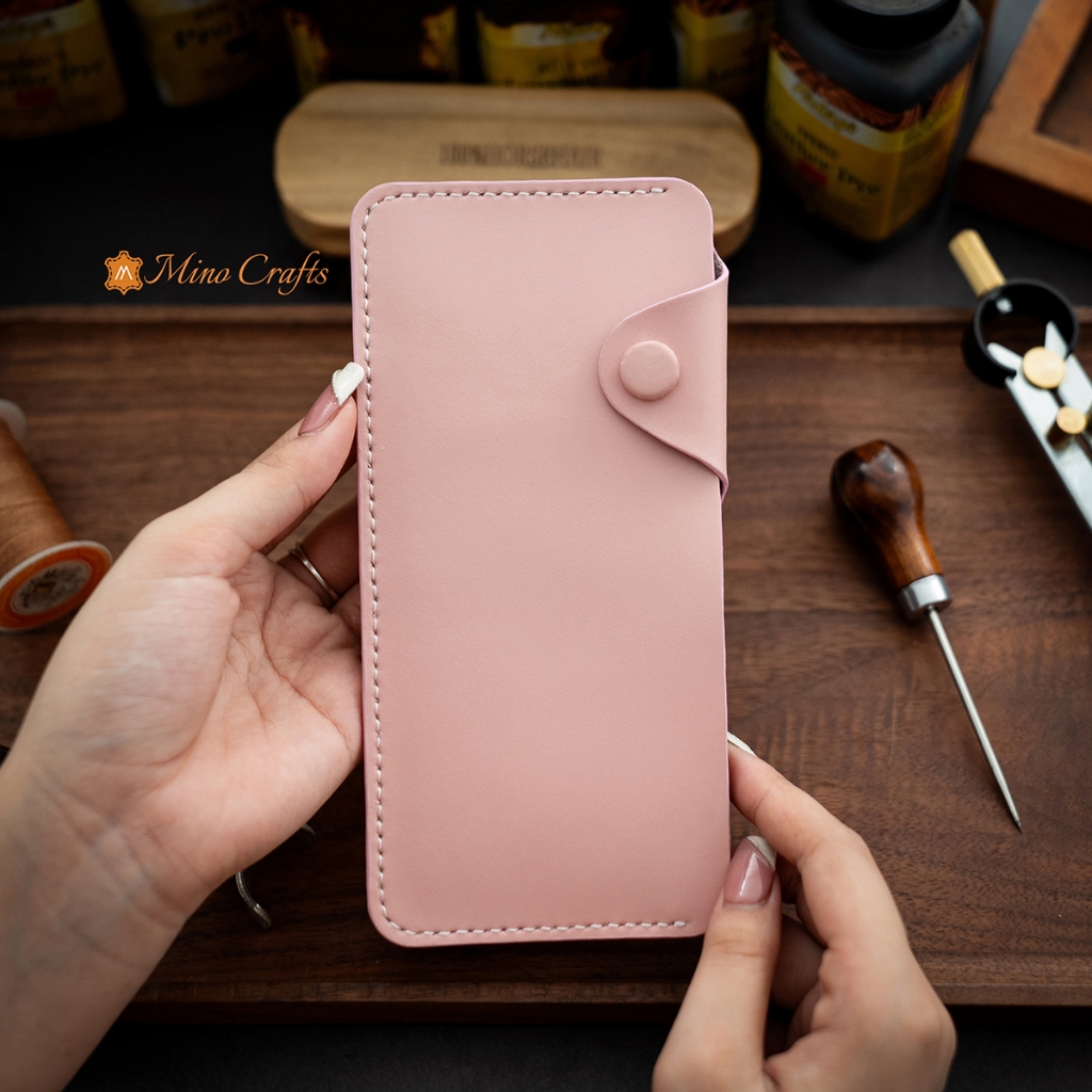 Ví dài đựng tiền mặt handmade - Ví da thủ công chất hiệu da bò thật - Có cúc bấm