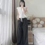 Set công sở, set tiểu thư mặc hè áo Ren hoa nổi buộc dây nơ tay hến phối quần Kaki sọc suông xinh