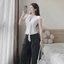 Set công sở, set tiểu thư mặc hè áo Ren hoa nổi buộc dây nơ tay hến phối quần Kaki sọc suông xinh