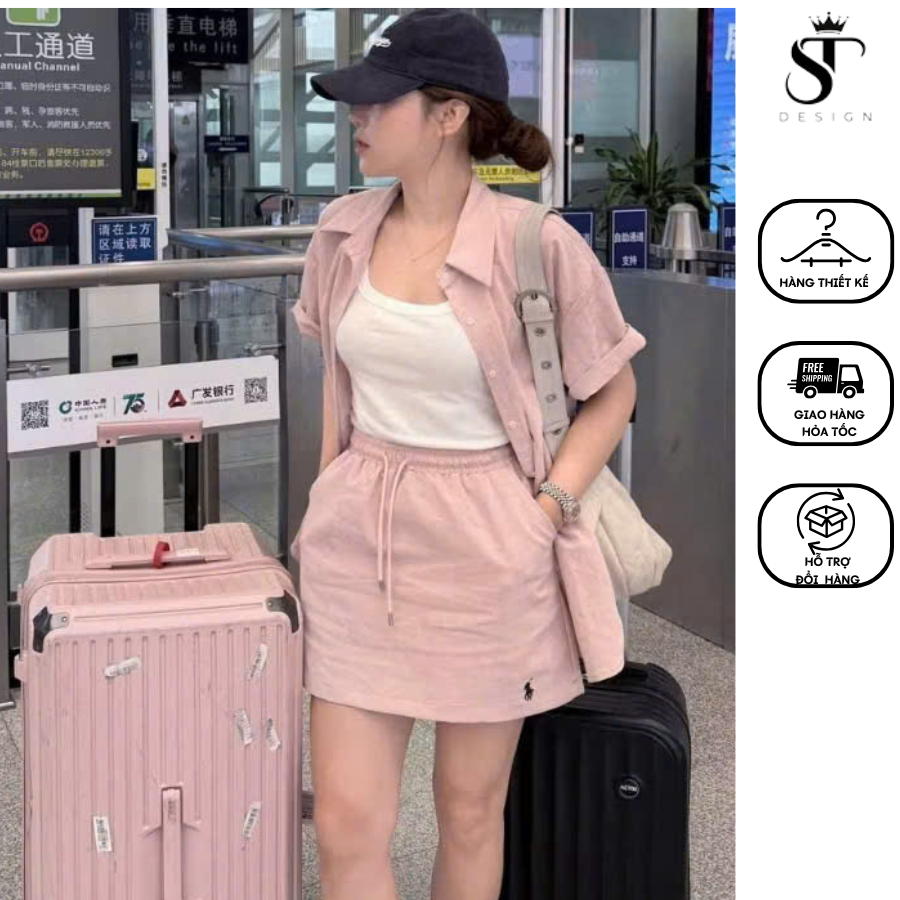 Set áo sơ mi + Chân váy năng động tặng kèm áo quây đi du lịch, đi chơi, đi cà phê - ST Design - 23