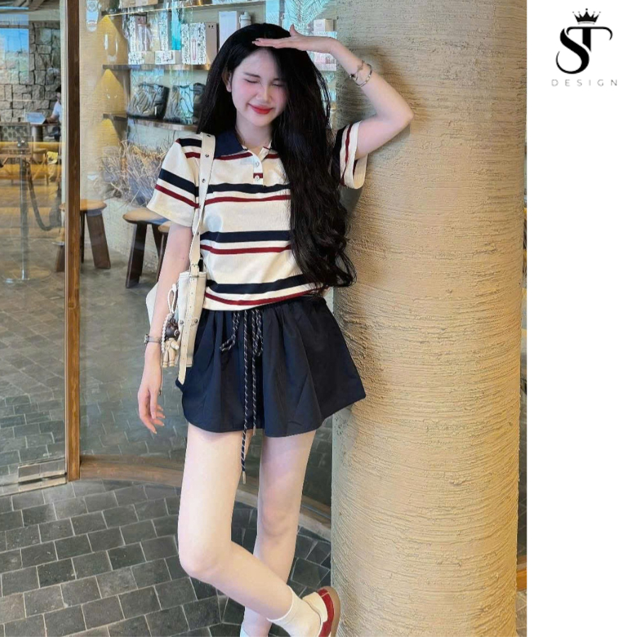 Set áo polo kẻ trend + chân váy xanh than dáng xòe hàng QC cao cấp - ST Design - 24
