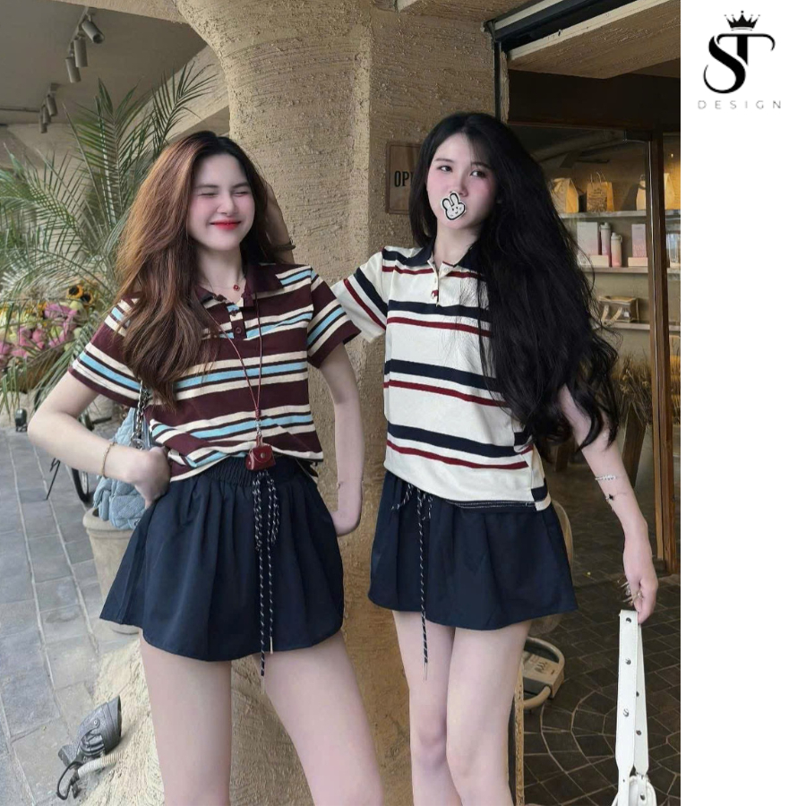 Set áo polo kẻ trend + chân váy xanh than dáng xòe hàng QC cao cấp - ST Design - 24