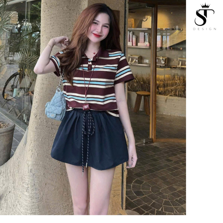 Set áo polo kẻ trend + chân váy xanh than dáng xòe hàng QC cao cấp - ST Design - 24