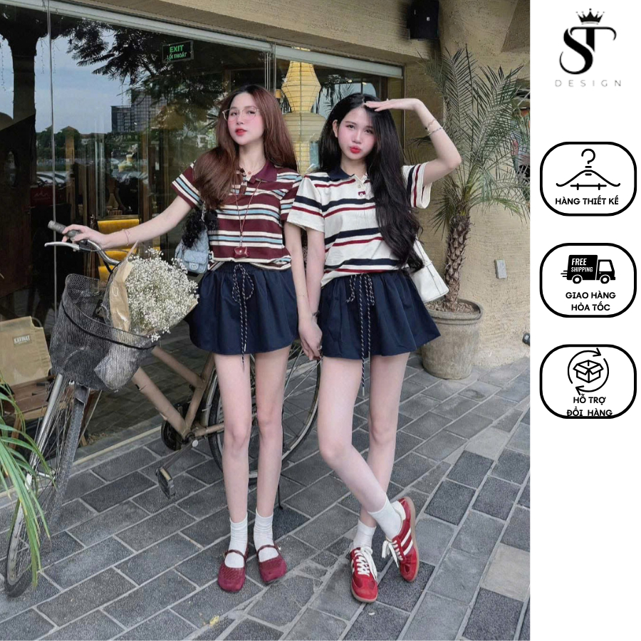 Set áo polo kẻ trend + chân váy xanh than dáng xòe hàng QC cao cấp - ST Design - 24