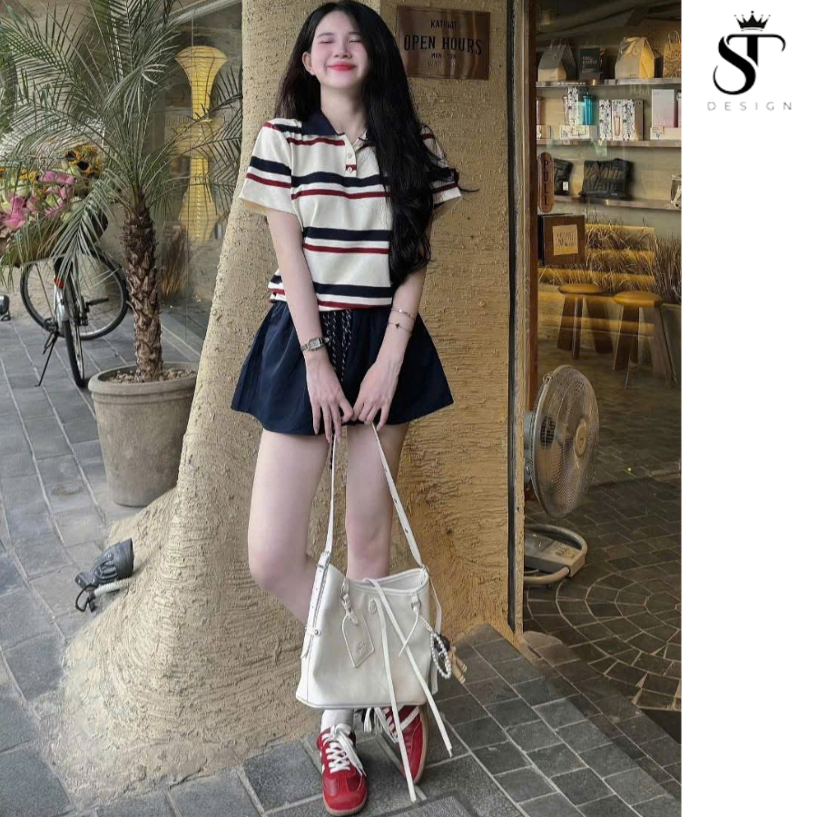 Set áo polo kẻ trend + chân váy xanh than dáng xòe hàng QC cao cấp - ST Design - 24