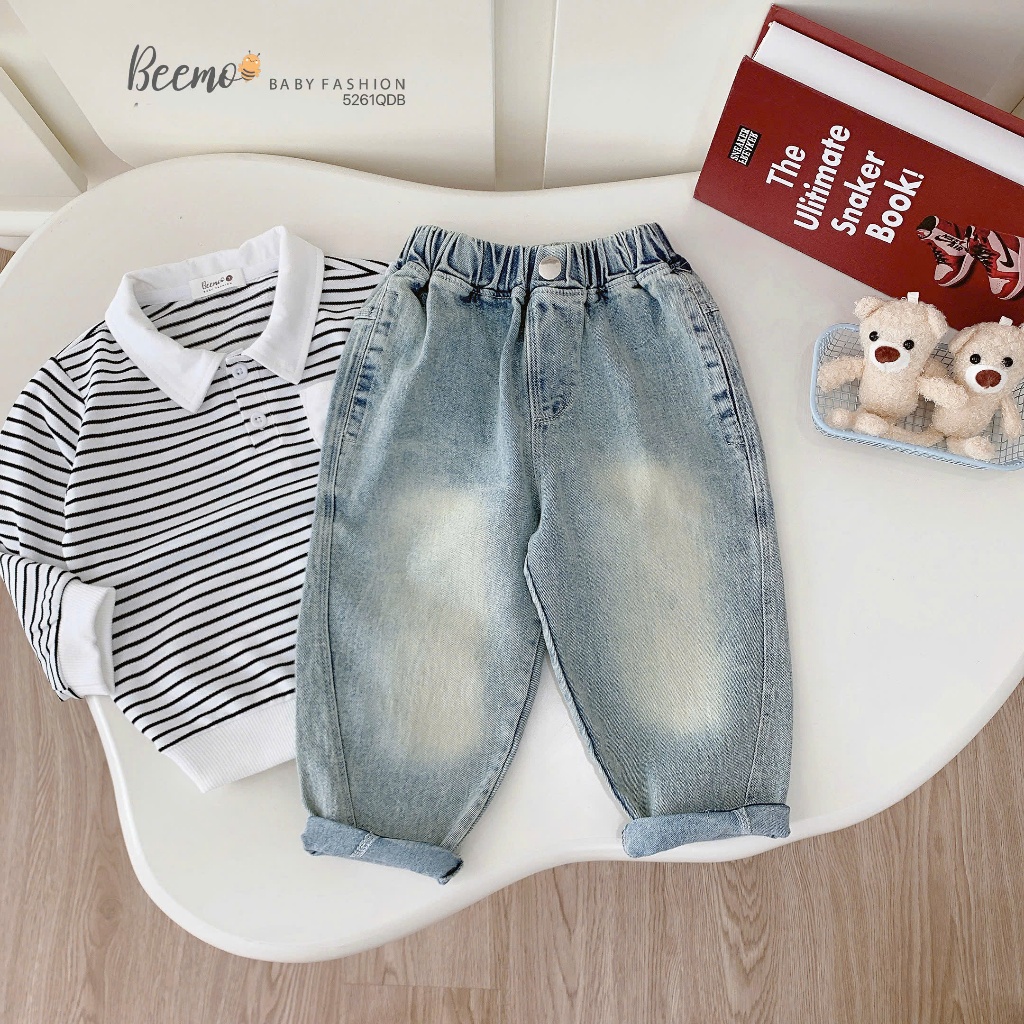 Quần jeans baggy basic mài màu bé trai, quần bò dài bé trai mặc áo phông áo sơ mi 5261QDB