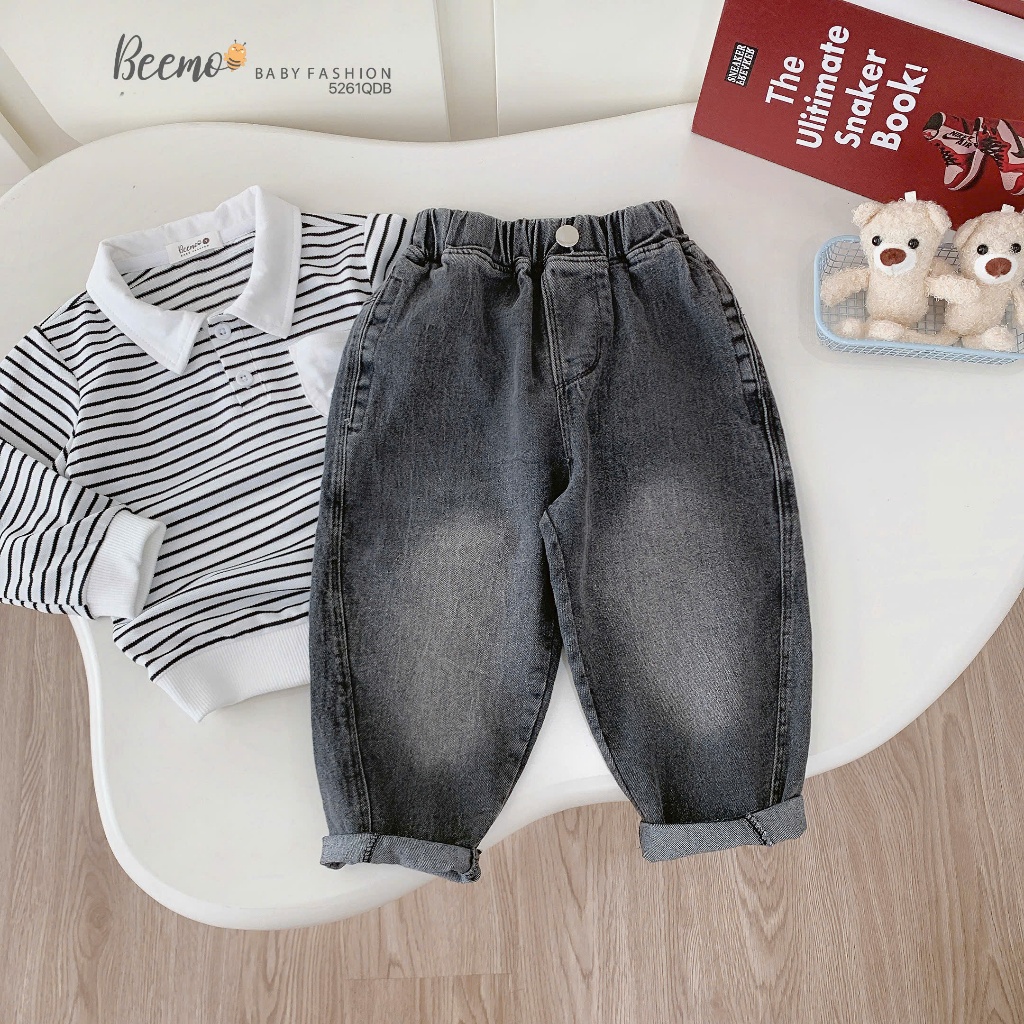 Quần jeans baggy basic mài màu bé trai, quần bò dài bé trai mặc áo phông áo sơ mi 5261QDB