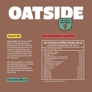 Sữa yến mạch OATSIDE vị Sô-cô-la lúa mạch lốc 180ml x 3 - Không lactose, Thơm béo, Đậm đà vị sô-cô-la lúa mạch