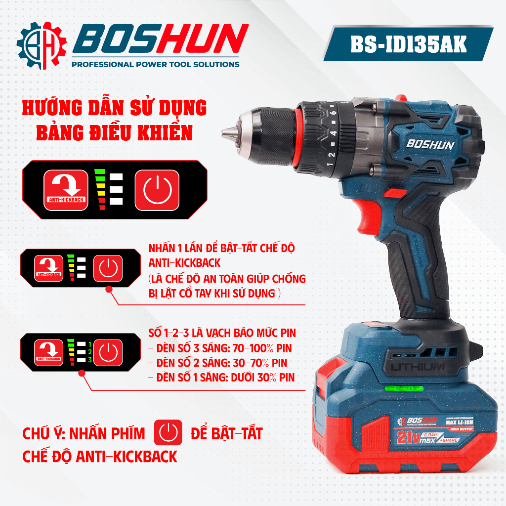 Máy Khoan Boshun BS-ID135AK 13mm, Không Chổi Than 3 Chức Năng Khoan Đục Vít, Rút Lõi 20 Cấp Độ Trượt