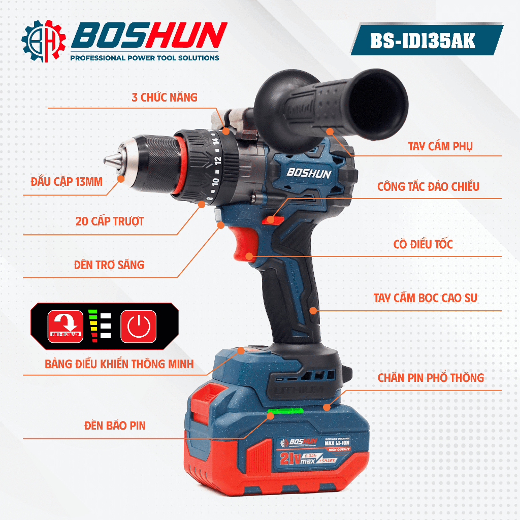 Máy Khoan Boshun BS-ID135AK 13mm, Không Chổi Than 3 Chức Năng Khoan Đục Vít, Rút Lõi 20 Cấp Độ Trượt