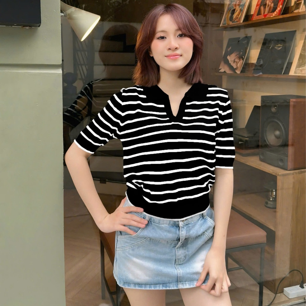 Áo Len Mirage Cổ V Sọc Hai Màu Local Brand Chất Len Mongtoghi Mềm Mịn Thoáng Mát.