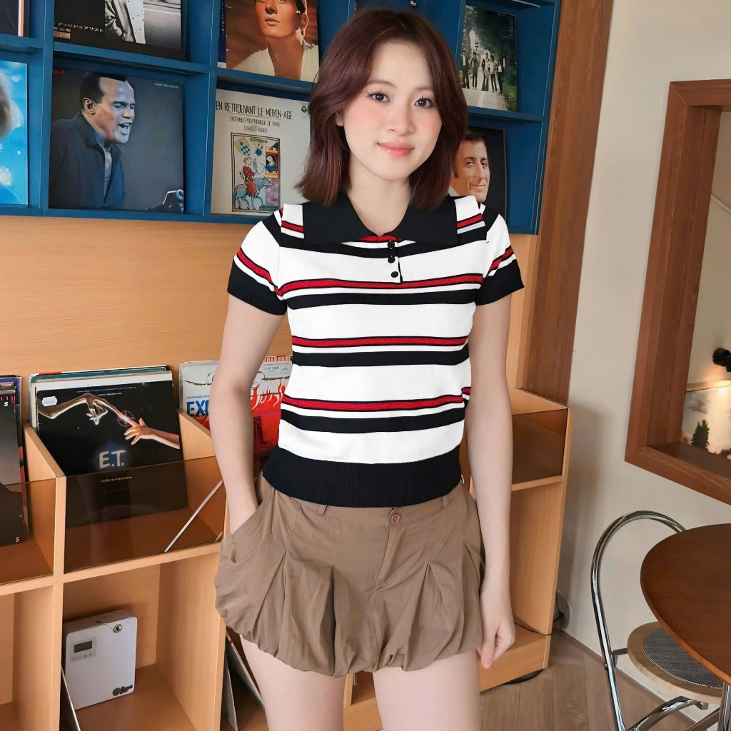 Áo Len Mirage Cổ Trắng Sọc Đỏ Local Brand Chất Len Mongtoghi Mềm Mịn Thoáng Mát.