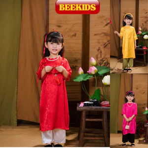 Sét Áo Dài Cách Tân Cho Bé Gái Lụa Gấm Cổ Ngọc Nơ Cao Cấp, Áo Dài Bé Gái Mặc Tết DA01 - BEEKIDS