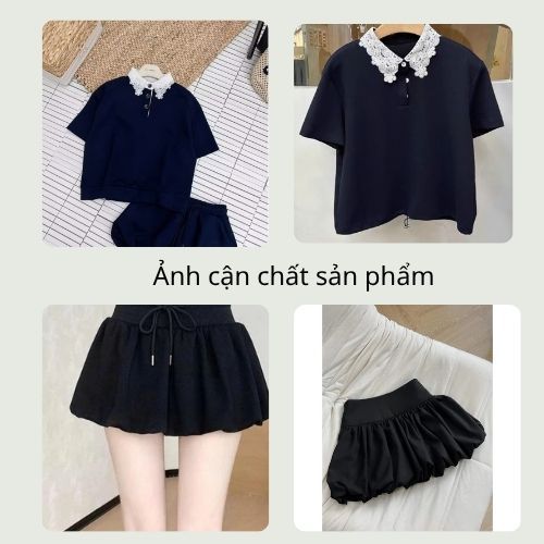 Set đồ nữ áo cổ ren trắng mix quần bí phồng xanh than cạp chun, đồ bộ nữ năng động trẻ trung HCOM26211
