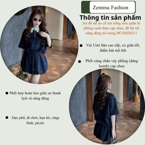 Set đồ nữ áo cổ ren trắng mix quần bí phồng xanh than cạp chun, đồ bộ nữ năng động trẻ trung HCOM26211