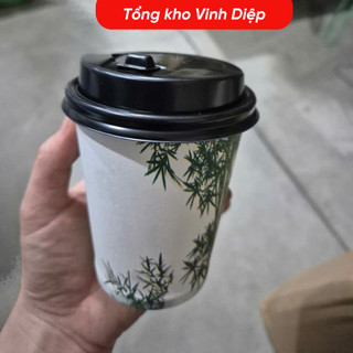 .Túi 50 cốc giấy 9oz ~ 265ml dùng 1 lần có nắp đen, cốc trắng trơn hoặc có hình