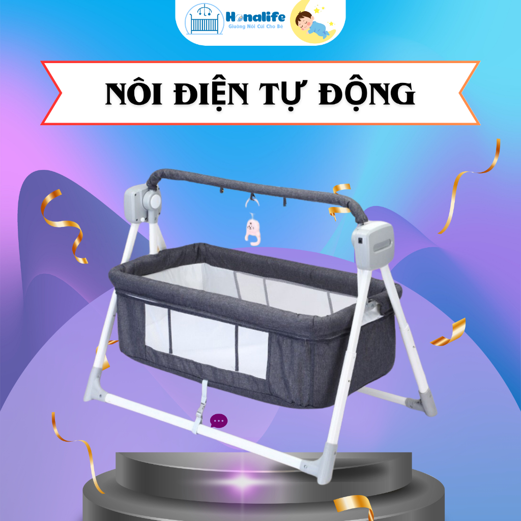 Nôi điện tự động,nôi điện đa năng Honalife bảo hành 12 tháng,3 chế độ hẹn giờ,5 cơ chế đu đưa cho bé
