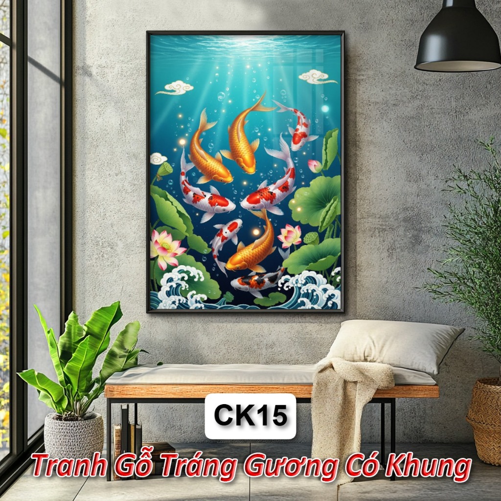 Khung Tranh Hoa Sen Cá Koi Cá Chép Phong Thủy Đem Lại Tài Lộc May Mắn Sức Khỏe - Tranh Gỗ Tráng Gương Decor Tường
