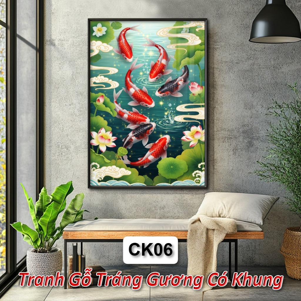 Khung Tranh Hoa Sen Cá Koi Cá Chép Phong Thủy Đem Lại Tài Lộc May Mắn Sức Khỏe - Tranh Gỗ Tráng Gương Decor Tường