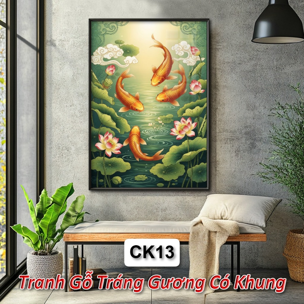 Khung Tranh Hoa Sen Cá Koi Cá Chép Phong Thủy Đem Lại Tài Lộc May Mắn Sức Khỏe - Tranh Gỗ Tráng Gương Decor Tường