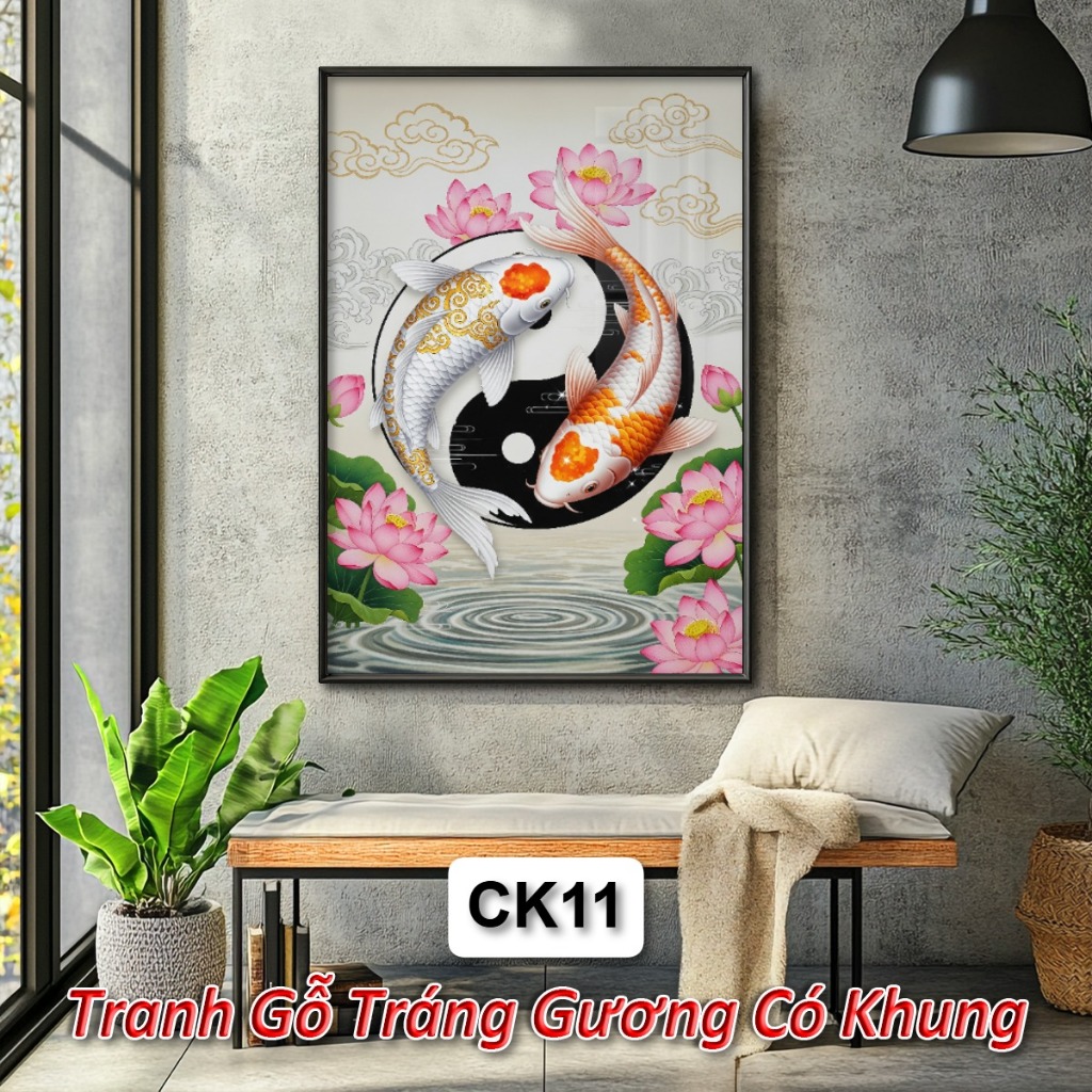 Khung Tranh Hoa Sen Cá Koi Cá Chép Phong Thủy Đem Lại Tài Lộc May Mắn Sức Khỏe - Tranh Gỗ Tráng Gương Decor Tường
