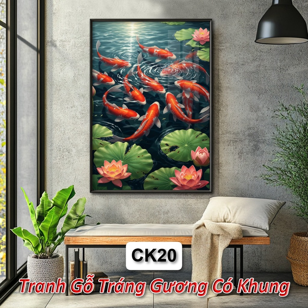 Khung Tranh Hoa Sen Cá Koi Cá Chép Phong Thủy Đem Lại Tài Lộc May Mắn Sức Khỏe - Tranh Gỗ Tráng Gương Decor Tường
