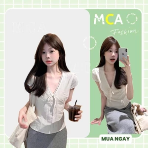 Áo kiểu nữ cổ V viền ren tay ngắn MCA phối dây buộc nơ A51415