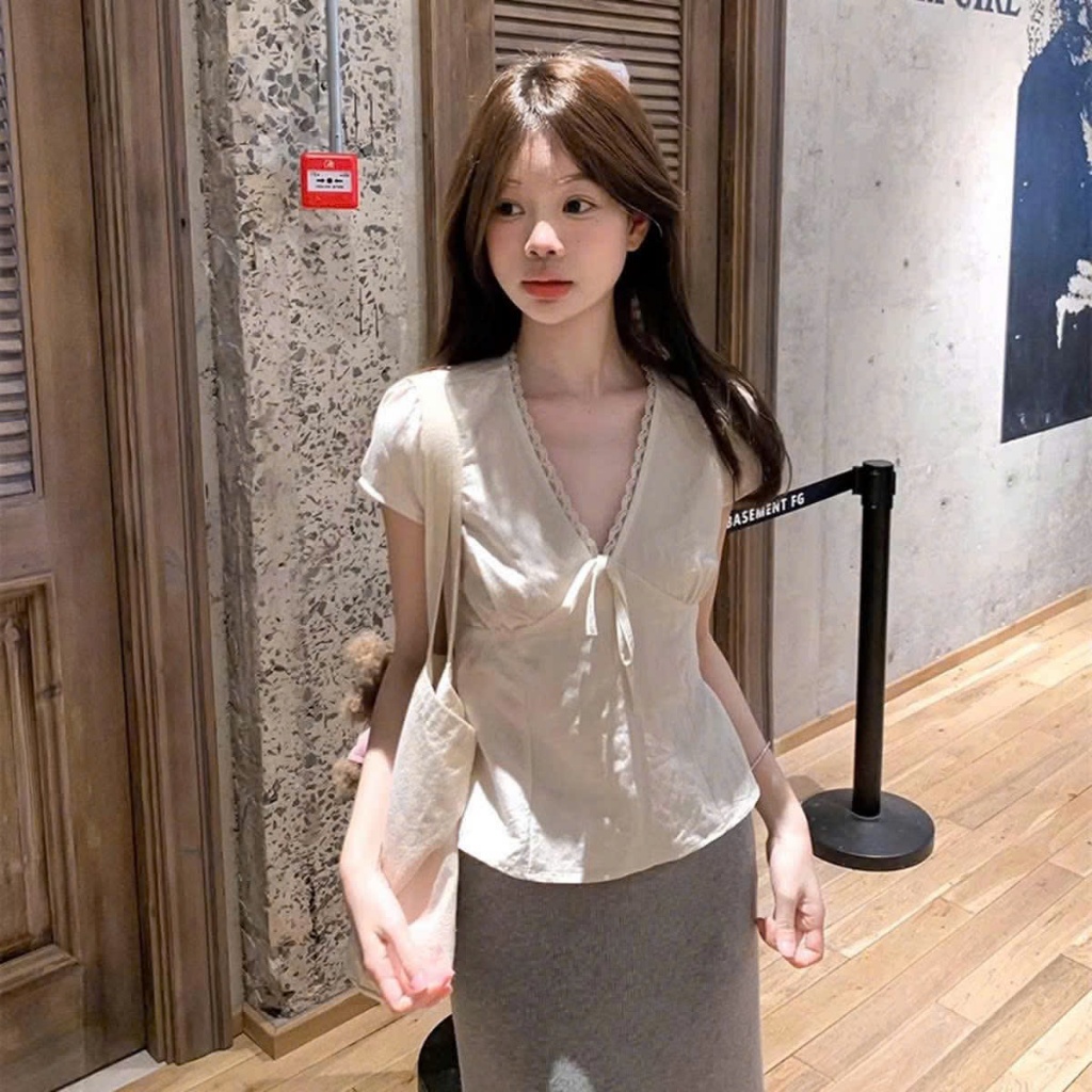 [ Video sp thực tế - Giá mở bán ] Áo kiểu nữ cổ V viền ren tay ngắn MCA phối dây buộc nơ A51415