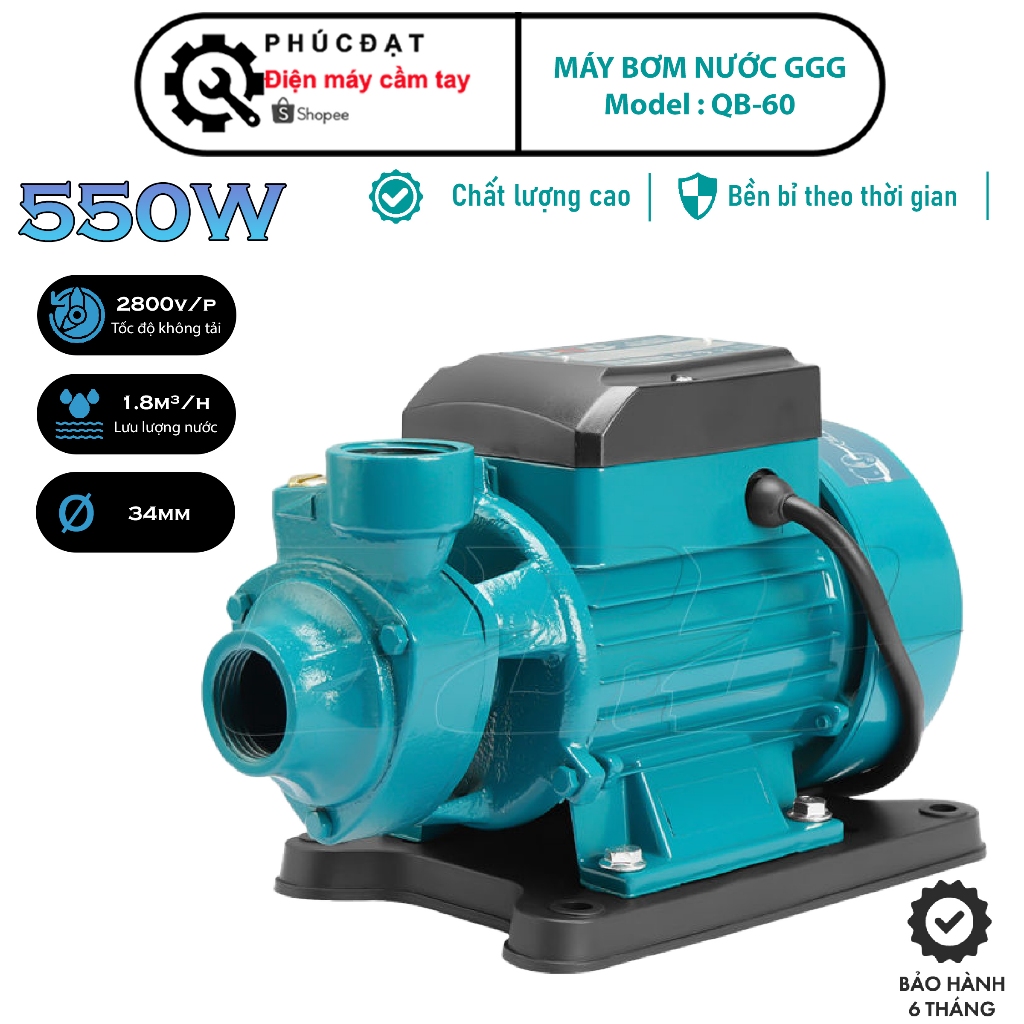 MÁY BƠM NƯỚC MINI, MÁY BƠM  GGG-QB60, CÔNG SUẤT 550W, LƯU LƯỢNG 1,8m³/h, [ SIÊU BỀN, SIÊU KHỎE ]