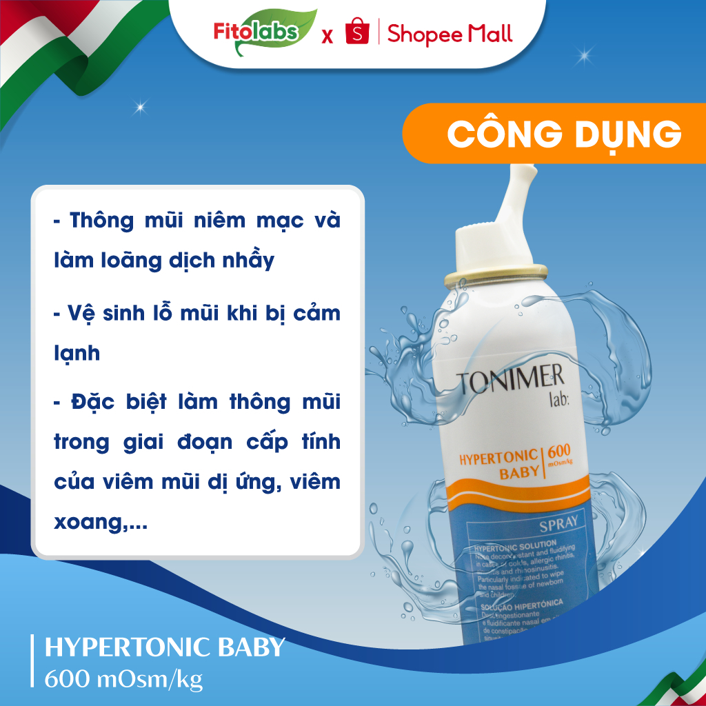 [TRẺ SƠ SINH] Xịt Mũi Ưu Trương Cho Bé Tonimer Hypertonic Baby 600 mOsm/kg Giảm Nghẹt Khô Mũi Viêm Mũi Dị Ứng Chai 100ml