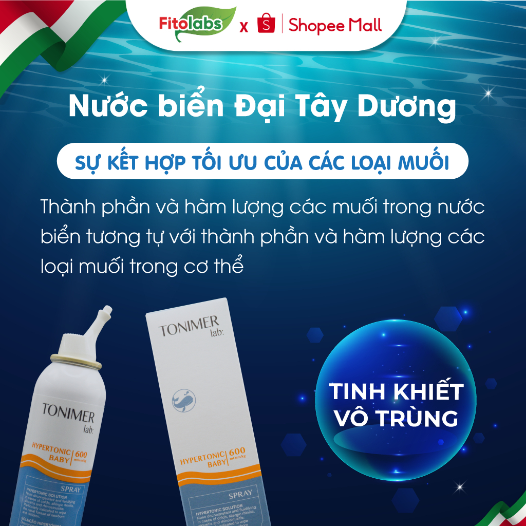 [TRẺ SƠ SINH] Xịt Mũi Ưu Trương Cho Bé Tonimer Hypertonic Baby 600 mOsm/kg Giảm Nghẹt Khô Mũi Viêm Mũi Dị Ứng Chai 100ml