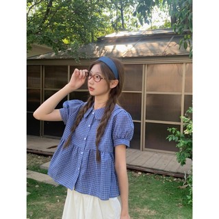 Áo Babydoll Kẻ Caro Cổ Sen Tay Bồng Chất Thô Cotton Phong Cách Hàn Quốc HaChang - A33