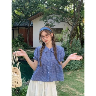 Áo Babydoll Kẻ Caro Cổ Sen Tay Bồng Chất Thô Cotton Phong Cách Hàn Quốc HaChang - A33