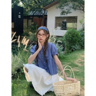 Áo Babydoll Kẻ Caro Cổ Sen Tay Bồng Chất Thô Cotton Phong Cách Hàn Quốc HaChang - A33