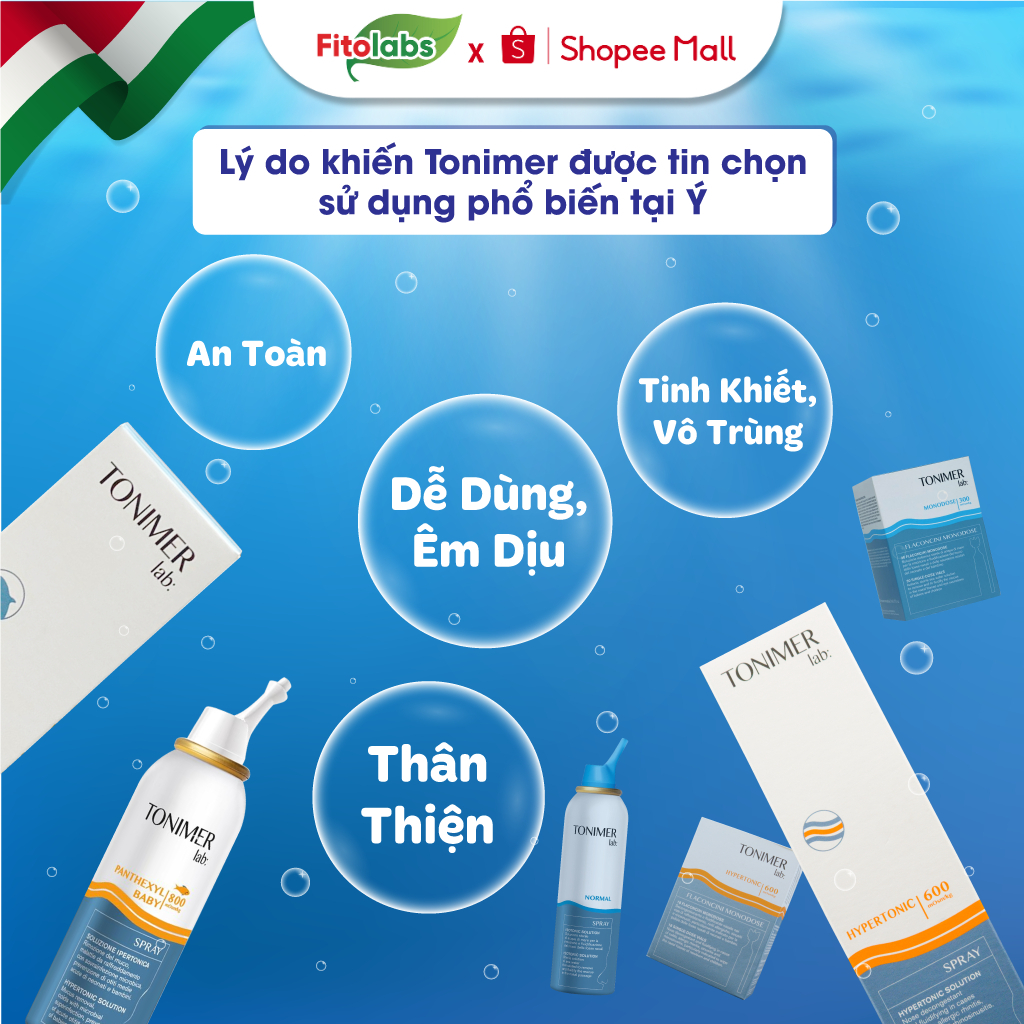 [AN TOÀN CHO BÉ] Dung Dịch Ưu Trương Tonimer Hypertonic Italia 600 mOsm/kg Giúp Thông Mũi Làm Loãng Dịch Nhầy Hộp 18 Tép