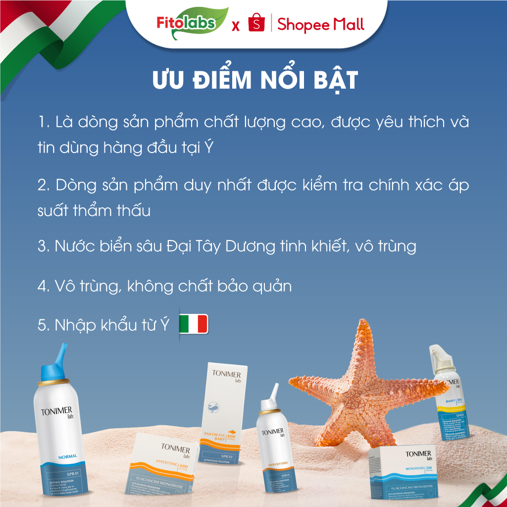 [AN TOÀN CHO BÉ] Dung Dịch Ưu Trương Tonimer Hypertonic Italia 600 mOsm/kg Giúp Thông Mũi Làm Loãng Dịch Nhầy Hộp 18 Tép