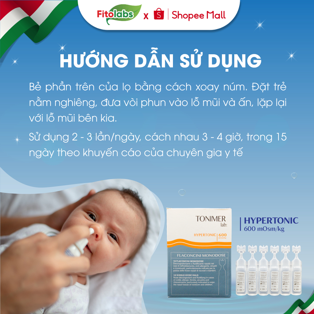 [AN TOÀN CHO BÉ] Dung Dịch Ưu Trương Tonimer Hypertonic Italia 600 mOsm/kg Giúp Thông Mũi Làm Loãng Dịch Nhầy Hộp 18 Tép