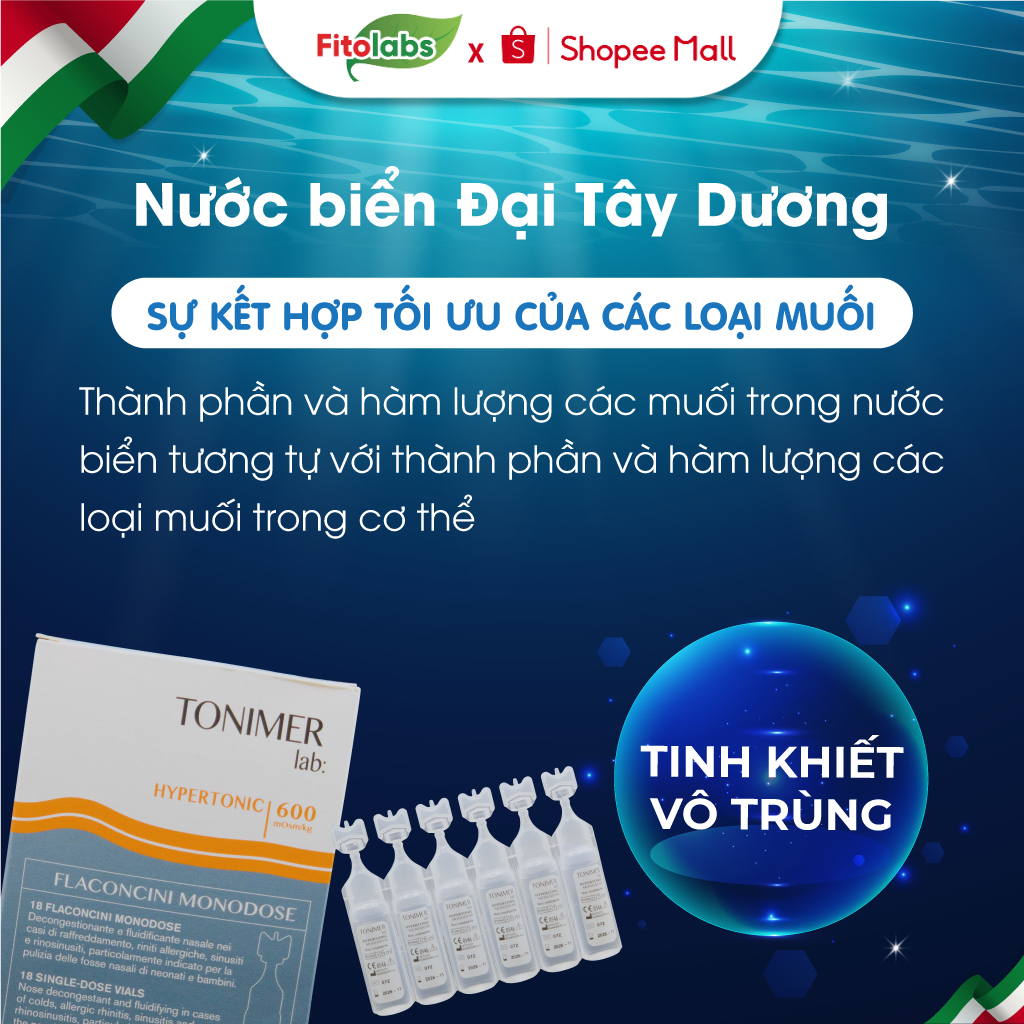 [AN TOÀN CHO BÉ] Dung Dịch Ưu Trương Tonimer Hypertonic Italia 600 mOsm/kg Giúp Thông Mũi Làm Loãng Dịch Nhầy Hộp 18 Tép