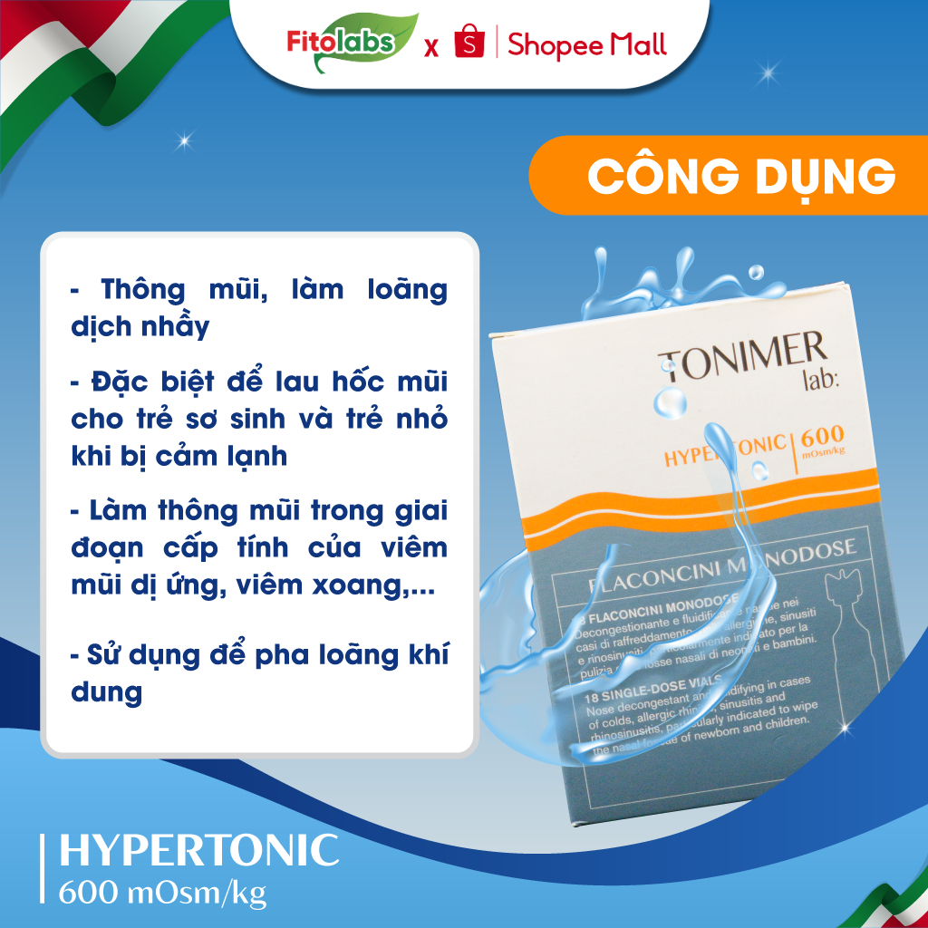 [AN TOÀN CHO BÉ] Dung Dịch Ưu Trương Tonimer Hypertonic Italia 600 mOsm/kg Giúp Thông Mũi Làm Loãng Dịch Nhầy Hộp 18 Tép